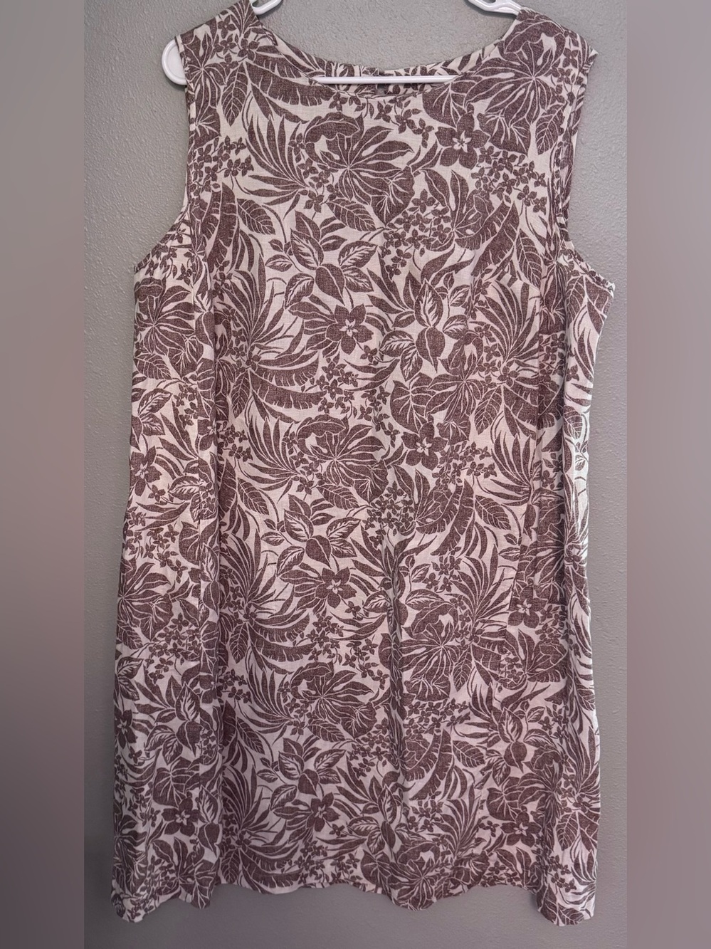 J. Jill Love Linen Sleeveless Midi Dress in Cream and Brown Tropical Print